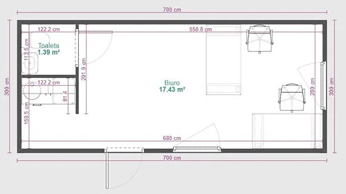 Containerbüro 21 m2 mit WC + Kochnische