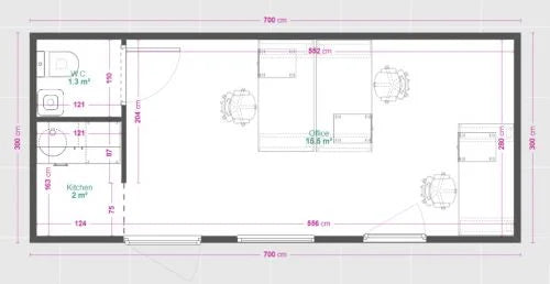 21 m² großer Bürocontainer mit WC und Kochnische