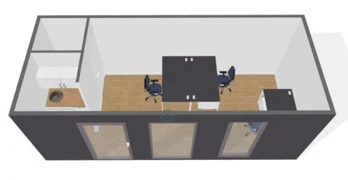 21 m² großer Bürocontainer mit WC und Kochnische